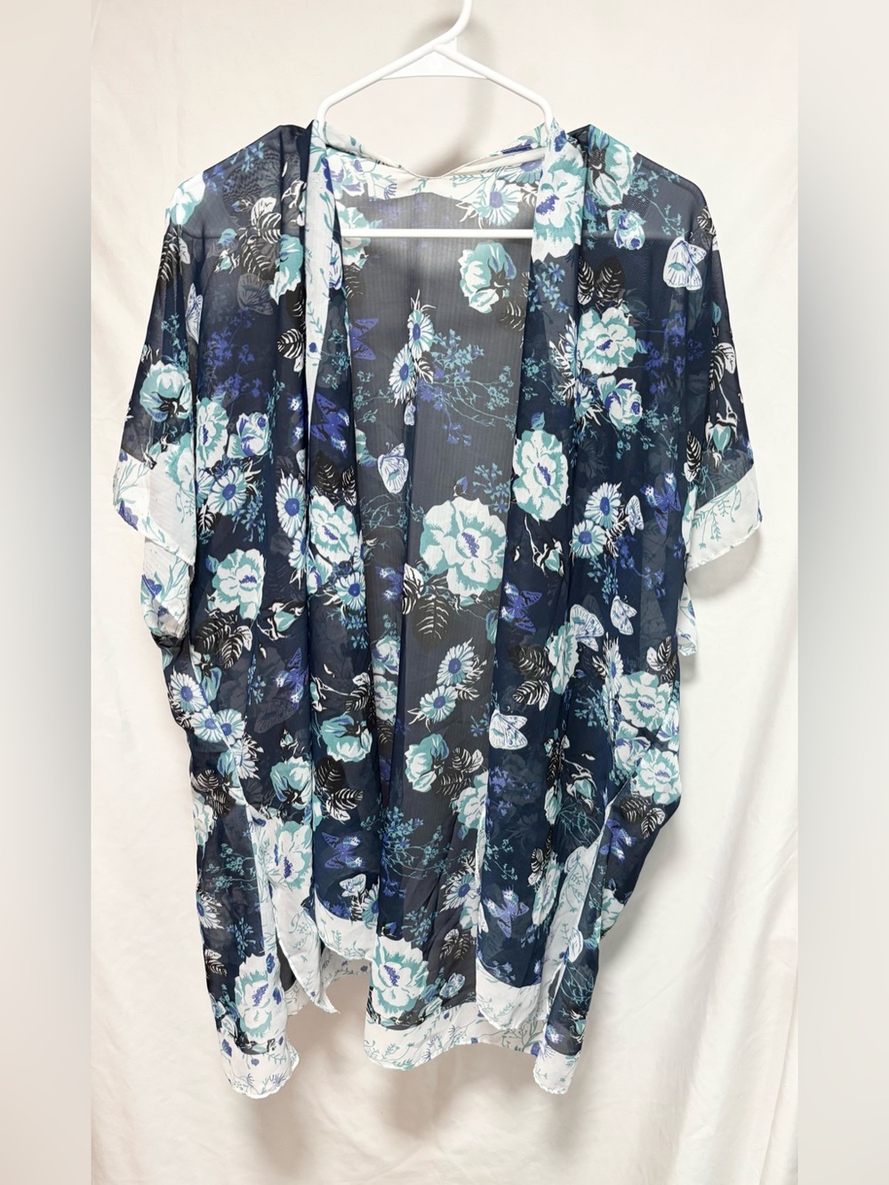 Floral Sheer Kimono Cover-Up in Navy & Teal